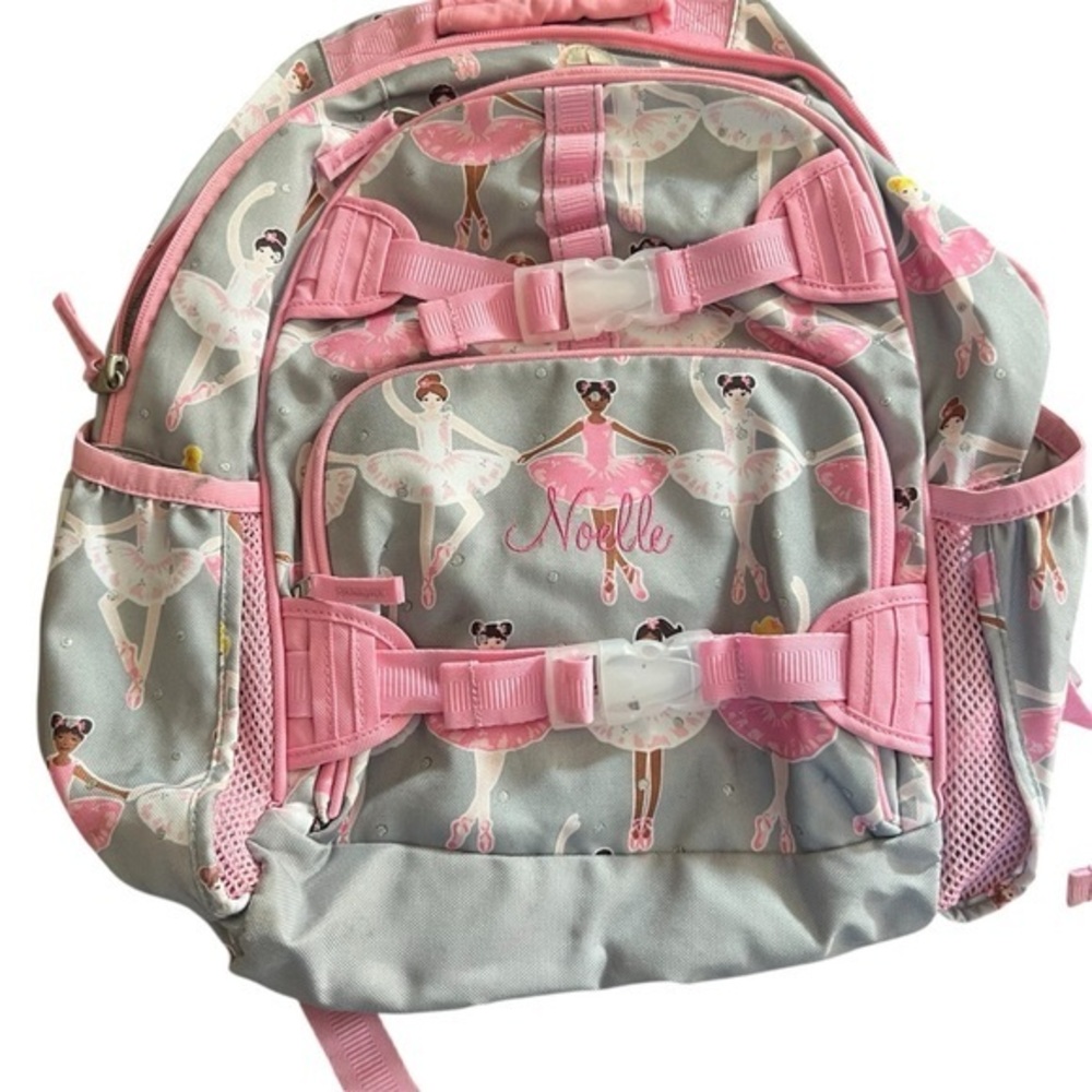 Pottery Barn Pink and  grey Ballerina Backpack with Noelle engraving on